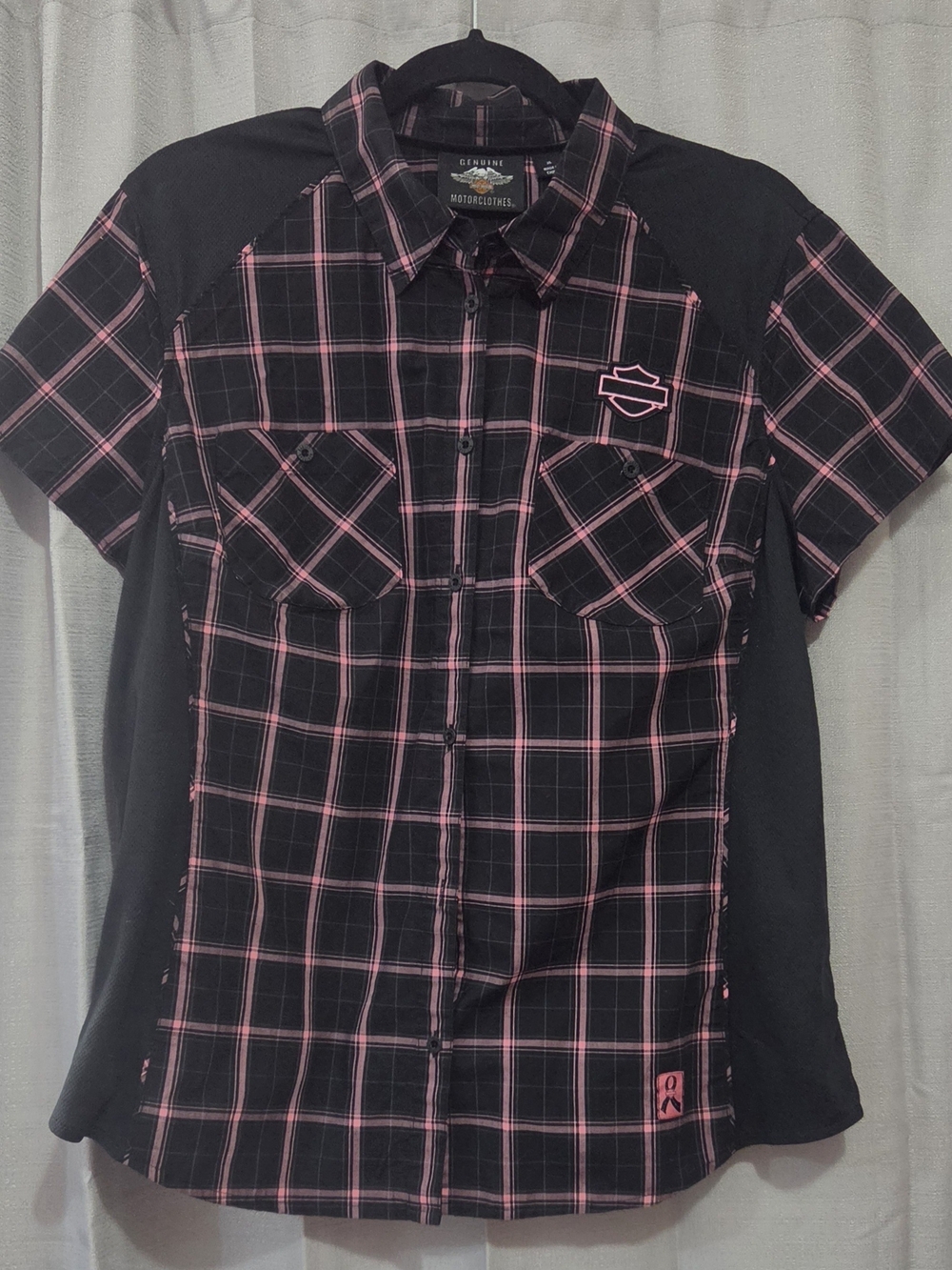 Harley-Davidson Women's XL Plaid H-D Performance Pink Ribbon Biker Button Shirt